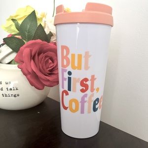 NWT ban.do 16 oz Thermal Mug, “But First Coffee” Peach Lid, Multi Color Letters